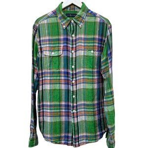 RALPH LAUREN Mens Linen Shirt Large Green Plaid Long Sleeve Casual Preppy Button